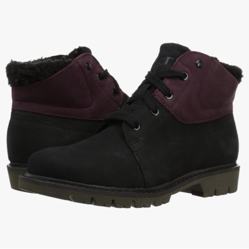 Cat Women’s Fret Faux Fur‎ black & maroon leather boots size 8.5